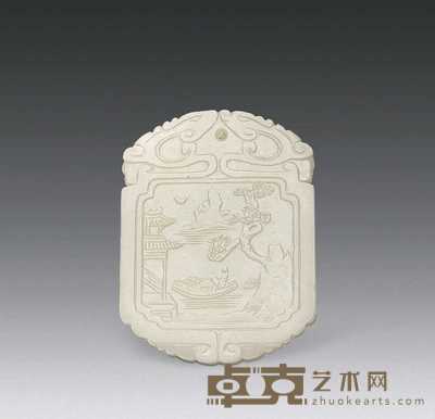 清中期 白玉刻亭台人物牌 5.5×4cm